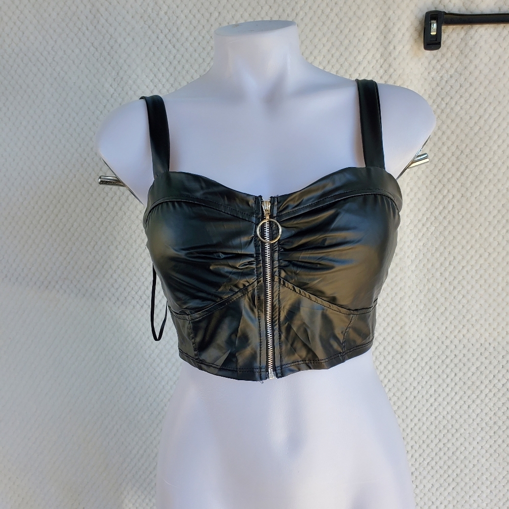 Sleek Black Faux Leather Zip-Up Tank Top